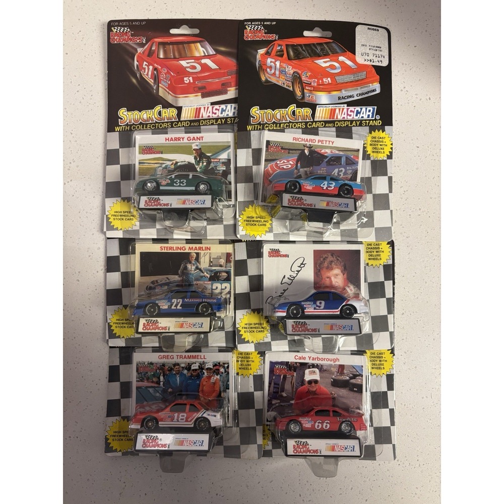 NASCAR Diecast Stock Cars With Collectors Card & Stand Vintage New Lot Of 6